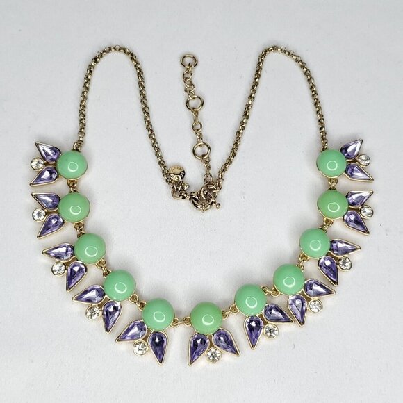 J Crew Goldtone Statement Necklace Purple Clear Rhinestone Green Beads 18"-21" - Picture 1 of 3
